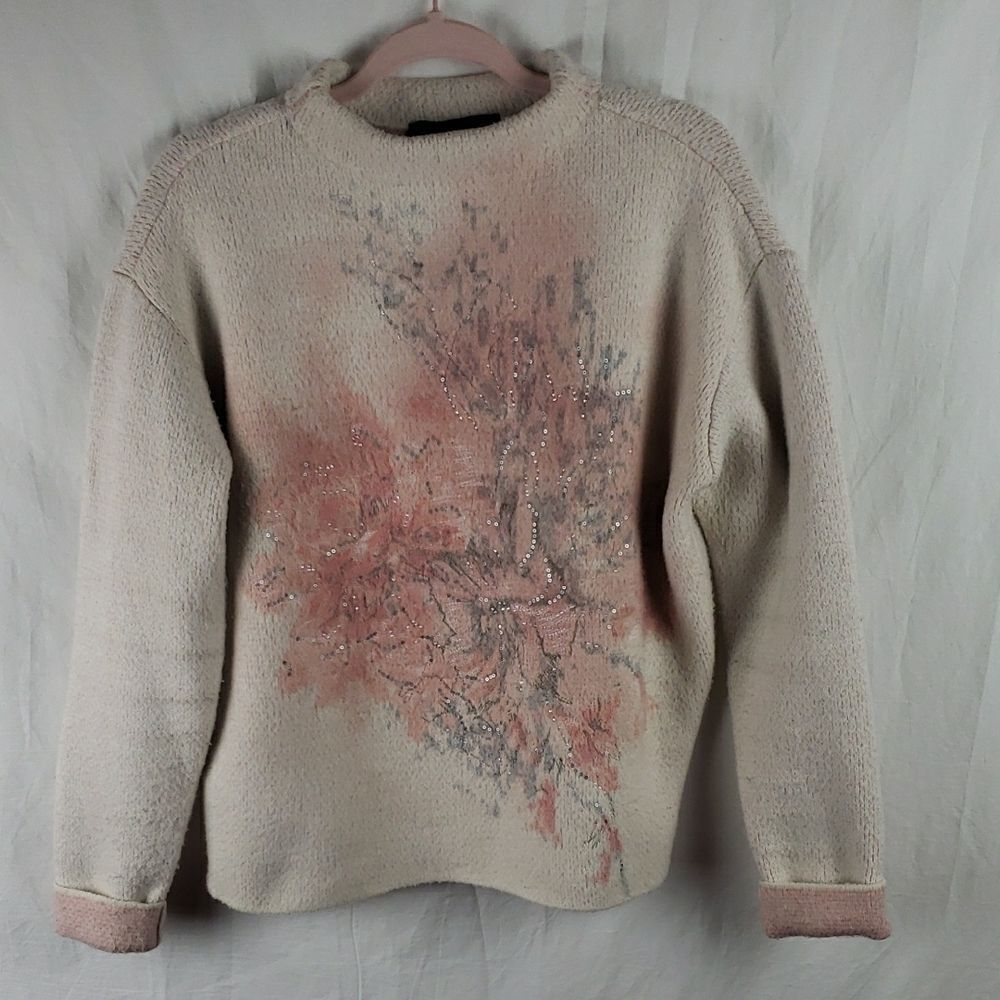 White House Black Market Women's XL Cream & Floral Sweater